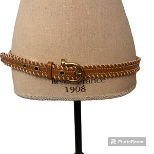 SPERRY WOMENS BELT BROWN LEATHER CREAM WHIPSTITCH GOLD TONE BUCKLE SIZE L